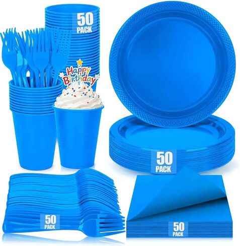200pcs Black Plastic Party Plates Set, Disposable Black Plates and Napkins for Party, 50 Of Each 9" Dinner Plate, Napkins, Cups & Cutlery Plastic Dinnerware for Retirement, Graduation, Birthday, BBQ in Kuwait