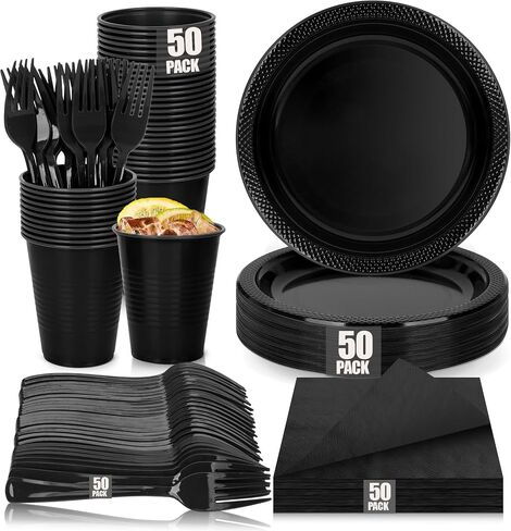 200pcs Black Plastic Party Plates Set, Disposable Black Plates and Napkins for Party, 50 Of Each 9" Dinner Plate, Napkins, Cups & Cutlery Plastic Dinnerware for Retirement, Graduation, Birthday, BBQ in Kuwait