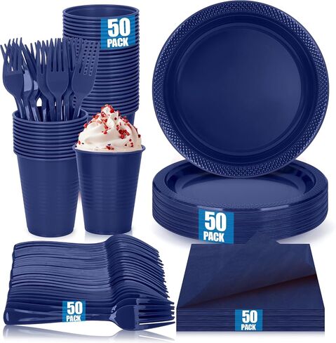 200pcs Black Plastic Party Plates Set, Disposable Black Plates and Napkins for Party, 50 Of Each 9" Dinner Plate, Napkins, Cups & Cutlery Plastic Dinnerware for Retirement, Graduation, Birthday, BBQ in Kuwait