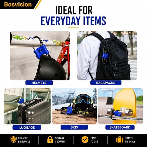 قفل مجموعة مكون من 3 أرقام من Bosvision مع كابل فولاذي مجدول - خوذة آمنة، حقيبة ظهر، معدات التزلج، الأمتعة، عربة الأطفال - حلقة مزدوجة، قفل مناسب للسفر in Kuwait