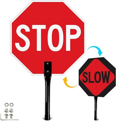 T&R (1 Pack) Large Stop Slow Sign with Handle, 18 x 18 Inches Double Sided Stop/Slow Traffic Sign, Rust Free Aluminum Reflective, Weather Resistant, Waterproof, Fade Resistant, Easy to Mount. in Kuwait