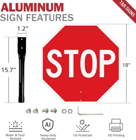 T&R (1 Pack) Large Stop Slow Sign with Handle, 18 x 18 Inches Double Sided Stop/Slow Traffic Sign, Rust Free Aluminum Reflective, Weather Resistant, Waterproof, Fade Resistant, Easy to Mount. in Kuwait