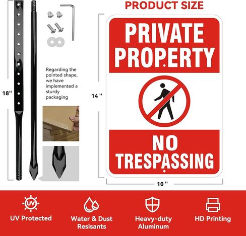 No Trespassing Sign Private Property with 36" Metal Stakes, 14" x 10" 2 Pack, 40 MIL Heavy Duty Reflective Aluminum, Weatherproof & Fade-Resistant for Outdoor Yard, Farm, Warehouse in Kuwait