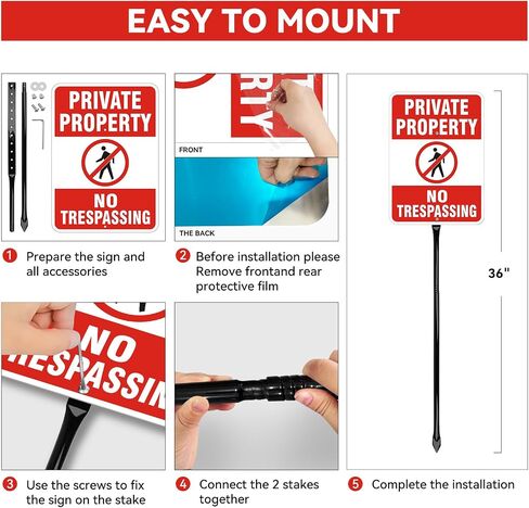 No Trespassing Sign Private Property with 36" Metal Stakes, 14" x 10" 2 Pack, 40 MIL Heavy Duty Reflective Aluminum, Weatherproof & Fade-Resistant for Outdoor Yard, Farm, Warehouse in Kuwait