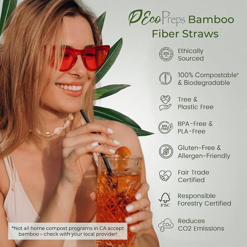 EcoPreps Black Biodegradable Bamboo Fiber Straws - 150 Count, 100% Compostable, Plastic-Free, Eco-Friendly Drinking Straw - 7.8'' Plant Fiber Disposable Straws, Compostable Black Straw For Cocktails in Kuwait