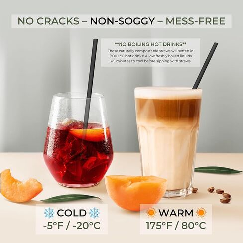 EcoPreps Black Biodegradable Bamboo Fiber Straws - 150 Count, 100% Compostable, Plastic-Free, Eco-Friendly Drinking Straw - 7.8'' Plant Fiber Disposable Straws, Compostable Black Straw For Cocktails in Kuwait