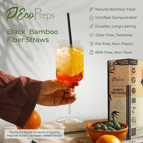EcoPreps Black Biodegradable Bamboo Fiber Straws - 150 Count, 100% Compostable, Plastic-Free, Eco-Friendly Drinking Straw - 7.8'' Plant Fiber Disposable Straws, Compostable Black Straw For Cocktails in Kuwait
