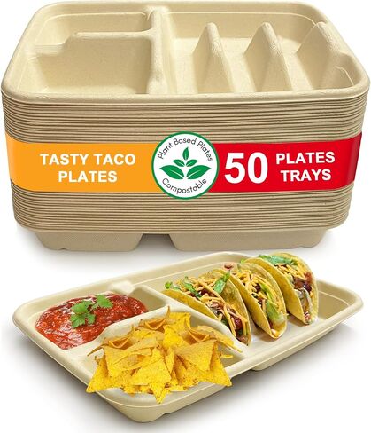 3-Tacos & 2-Sides Taco Plates, Disposable Paper Plates with Dividers – 50 PACK | Taco Tray for Party, Fiesta Taco Holder, Taco Stand for Taco Tuesday & Taco Bar, Microwave-Safe Taco Plates (50 Plates) in Kuwait