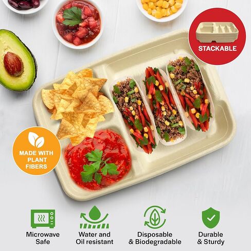 3-Tacos & 2-Sides Taco Plates, Disposable Paper Plates with Dividers – 50 PACK | Taco Tray for Party, Fiesta Taco Holder, Taco Stand for Taco Tuesday & Taco Bar, Microwave-Safe Taco Plates (50 Plates) in Kuwait