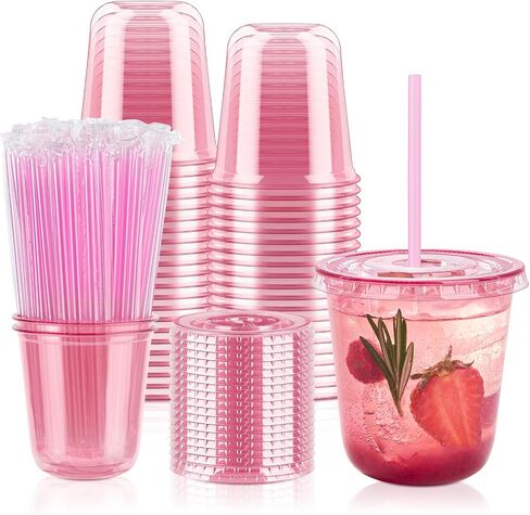 Soelomu 12 oz Pink Plastic Cups with Lids and Straws, 50 PCS Disposable Iced Coffee Cups, Round Bottom To Go Cup for Smoothie, Juice, Milkshakes and Cold Drinks in Kuwait