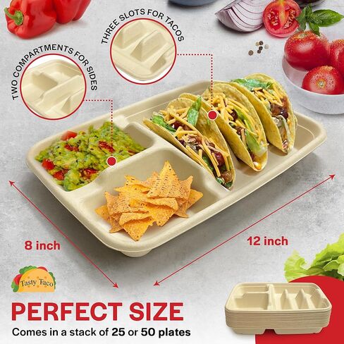 3-Tacos & 2-Sides Taco Plates, Disposable Paper Plates with Dividers – 50 PACK | Taco Tray for Party, Fiesta Taco Holder, Taco Stand for Taco Tuesday & Taco Bar, Microwave-Safe Taco Plates (50 Plates) in Kuwait