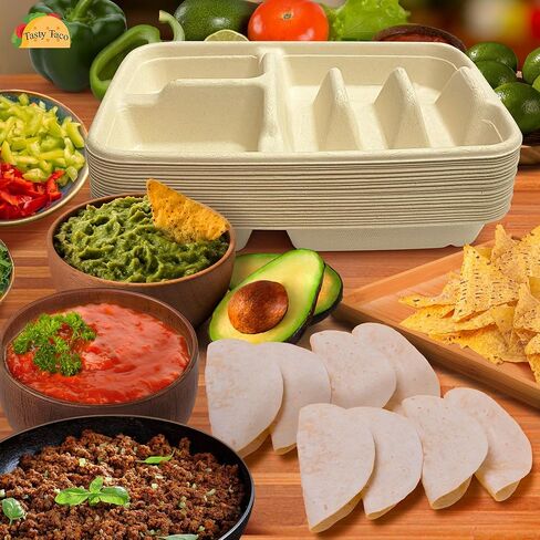 3-Tacos & 2-Sides Taco Plates, Disposable Paper Plates with Dividers – 50 PACK | Taco Tray for Party, Fiesta Taco Holder, Taco Stand for Taco Tuesday & Taco Bar, Microwave-Safe Taco Plates (50 Plates) in Kuwait