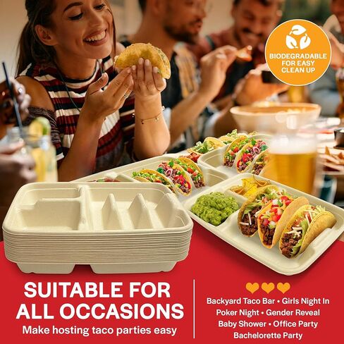 3-Tacos & 2-Sides Taco Plates, Disposable Paper Plates with Dividers – 50 PACK | Taco Tray for Party, Fiesta Taco Holder, Taco Stand for Taco Tuesday & Taco Bar, Microwave-Safe Taco Plates (50 Plates) in Kuwait