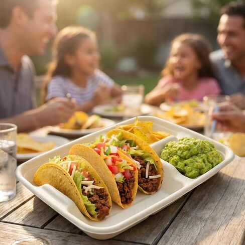 3-Tacos & 2-Sides Taco Plates, Disposable Paper Plates with Dividers – 50 PACK | Taco Tray for Party, Fiesta Taco Holder, Taco Stand for Taco Tuesday & Taco Bar, Microwave-Safe Taco Plates (50 Plates) in Kuwait