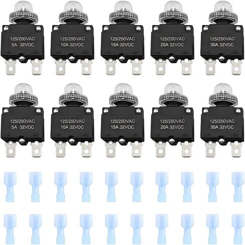 40PCS 5 Sizes Car Thermal Circuit Breaker, 5 10 15 20 30Amp Manual Reset Push Button Circuit Breaker with Terminals and Caps, Auto Thermal Overload Protector Switch, Universal Fit in Kuwait