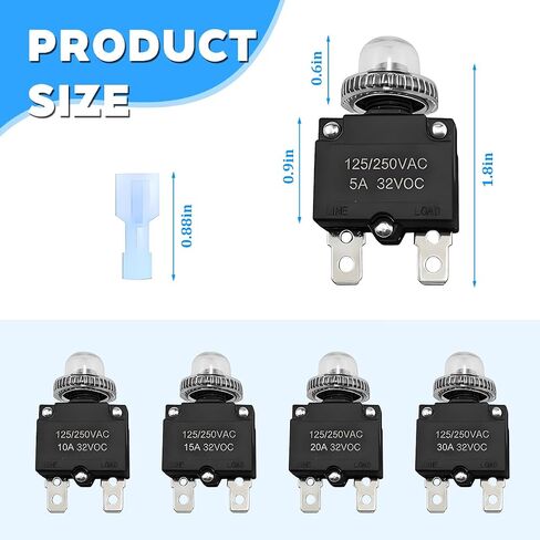40PCS 5 Sizes Car Thermal Circuit Breaker, 5 10 15 20 30Amp Manual Reset Push Button Circuit Breaker with Terminals and Caps, Auto Thermal Overload Protector Switch, Universal Fit in Kuwait