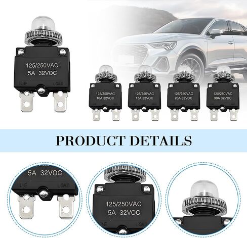 40PCS 5 Sizes Car Thermal Circuit Breaker, 5 10 15 20 30Amp Manual Reset Push Button Circuit Breaker with Terminals and Caps, Auto Thermal Overload Protector Switch, Universal Fit in Kuwait