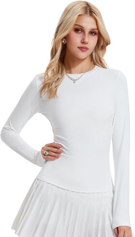 Women's Slim Fit Long Sleeve Compression Shirts Basic Tee Workout Tops Crew Neck Breathable Nylon Athletic Gym Going Out in Kuwait