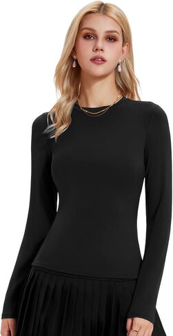 Women's Slim Fit Long Sleeve Compression Shirts Basic Tee Workout Tops Crew Neck Breathable Nylon Athletic Gym Going Out in Kuwait