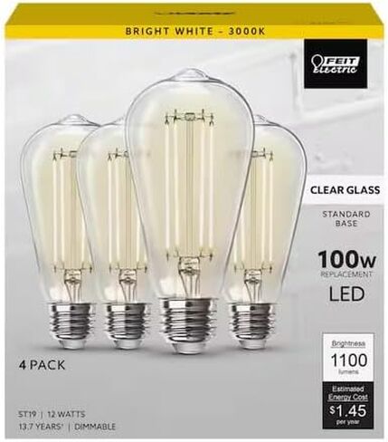 Feit Electric 100-Watt Equivalent ST19 Dimmable Straight Filament Clear Glass E26 Vintage Edison LED Light Bulb, Bright White (4-Pack) ST19100CL/930CA/4 in Kuwait