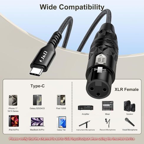 J&D USB C to XLR Microphone Cable, 2 in 1 Audio Cord with Switch Button, Supports Audio Recording and Playback, Compatible with iPhone 15 Series, XLR Female Connector, 6.6 feet in Kuwait