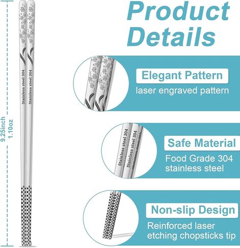 Reusable Metal Chopsticks – Premium 304 Stainless Steel, Non-Slip & Dishwasher Safe – Lightweight, Durable, Japanese & Korean Style – 5 Pairs, 9.25 Inches, Elegant Gift Set in Kuwait