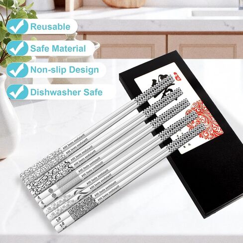 Reusable Metal Chopsticks – Premium 304 Stainless Steel, Non-Slip & Dishwasher Safe – Lightweight, Durable, Japanese & Korean Style – 5 Pairs, 9.25 Inches, Elegant Gift Set in Kuwait
