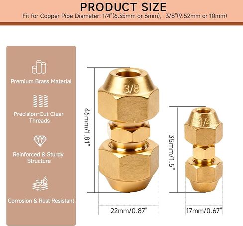 Wostore 2-Pack Copper Pipe Extension Joint Connectors, 1/4" and 3/8" AC Pipe Coupling Adapters with HVAC Flare Nuts, Free Welding Copper Fittings for Air Conditioning & Refrigeration Systems in Kuwait