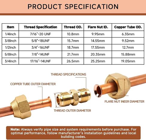 Wostore 2-Pack Copper Pipe Extension Joint Connectors, 1/4" and 3/8" AC Pipe Coupling Adapters with HVAC Flare Nuts, Free Welding Copper Fittings for Air Conditioning & Refrigeration Systems in Kuwait