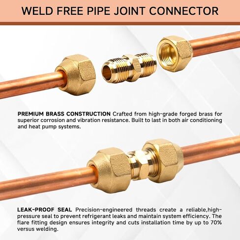 Wostore 2-Pack Copper Pipe Extension Joint Connectors, 1/4" and 3/8" AC Pipe Coupling Adapters with HVAC Flare Nuts, Free Welding Copper Fittings for Air Conditioning & Refrigeration Systems in Kuwait