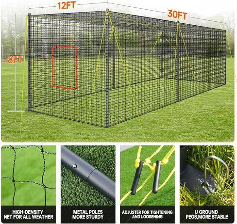 PLAYAPUT 30FT x 12FT x 8FT قفص الضرب للبيسبول والكرة اللينة مع فتحة آلة رمي، باب قابل للفصل، هدف، وحبال توجيه، أقفاص الضرب المحمولة للفناء الخلفي، الحديقة، الحقل in Kuwait