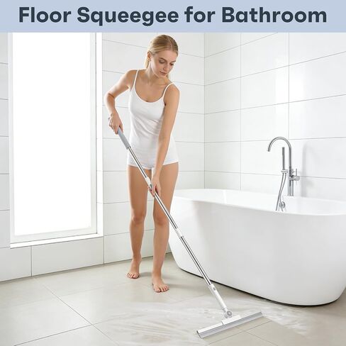 nacena Floor Squeegee, 52-in Adjustable Long Handle Squeegee for Floor Water Removal 180° Rotatable Head Squeegee Broom for Cleaning Window Shower Glass Tile Garage Concrete Pet Hairs, Grey&White in Kuwait