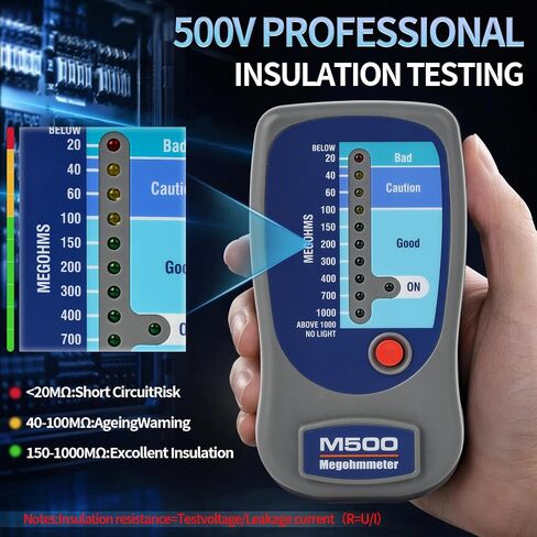 M500 Electronic Megohmmeter, 1000 Megohms Insulation Resistance Tester with 3-Color LED Scale, Portable Megger for Motor Transformer and AC Equipment Maintenance, Comes with Soft Carrying Case in Kuwait