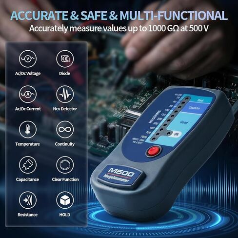 M500 Electronic Megohmmeter, 1000 Megohms Insulation Resistance Tester with 3-Color LED Scale, Portable Megger for Motor Transformer and AC Equipment Maintenance, Comes with Soft Carrying Case in Kuwait