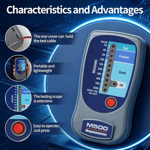 M500 Electronic Megohmmeter, 1000 Megohms Insulation Resistance Tester with 3-Color LED Scale, Portable Megger for Motor Transformer and AC Equipment Maintenance, Comes with Soft Carrying Case in Kuwait