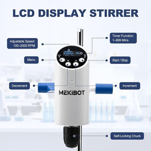 Digital Overhead Stirrer, 20L Capacity, 40N·cm Torque, 100-2000rpm Lab Mixer with Timer, Overload Protection & 2 Stirring Rods Included in Kuwait