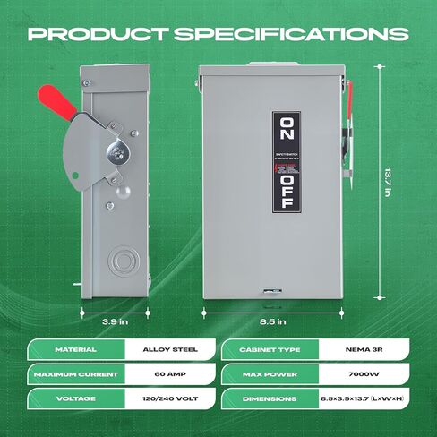 مفتاح فصل 60 أمبير 2 قطب 110/240 فولت، مفتاح أمان منصهر، داخلي وخارجي، NEMA 3R للخدمة الشاقة، صندوق فصل التيار المتردد، مقاوم للصدأ والتآكل in Kuwait