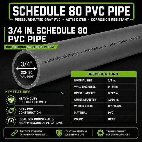 3/4 بوصة جدول 80 أنبوب PVC، قطر 3/4 بوصة، (1.05 بوصة OD، 0.742 بوصة معرف)، تطبيقات الضغط العالي الصناعية (6، بوصة) in Kuwait