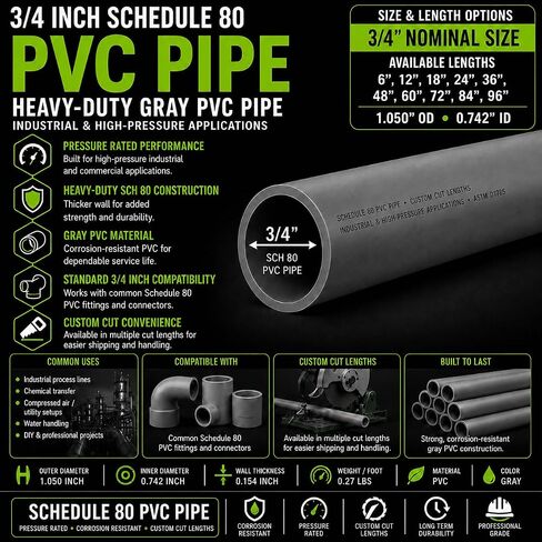 3/4 بوصة جدول 80 أنبوب PVC، قطر 3/4 بوصة، (1.05 بوصة OD، 0.742 بوصة معرف)، تطبيقات الضغط العالي الصناعية (6، بوصة) in Kuwait