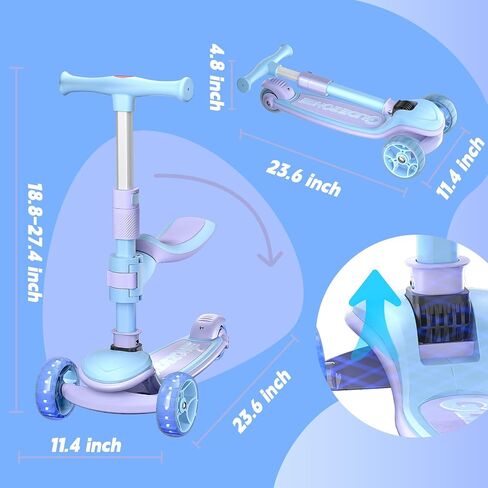 YING LU 2-in-1 Kids Scooter, 3-Wheel LED Light Up Scooters for Kids 3-8, Adjustable Height Handlebar & Removable Seat, Lean-to-Steer Toddler Scooter with Rear Foot Brake (Purple) in Kuwait