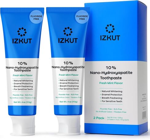 IZKUT 10% Nano Hydroxyapatite Toothpaste: Fluoride Free Natural Whitening Toothpaste for Sensitive Teeth, Enamel Support, Plaque Remover, SLS Free, Fresh Mint Flavor, Adults & Kids, 4 oz (Pack of 2) in Kuwait