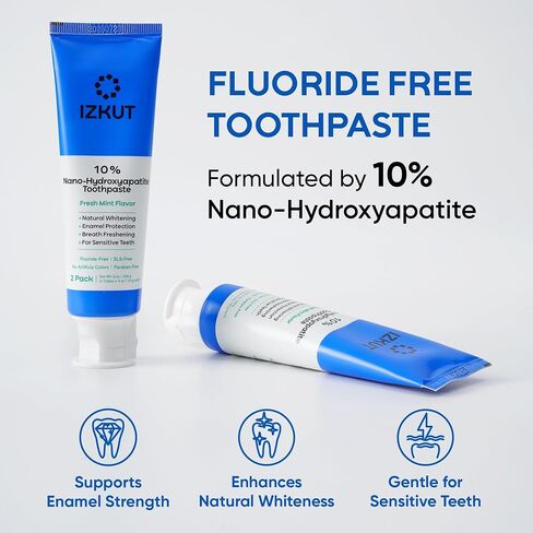 IZKUT 10% Nano Hydroxyapatite Toothpaste: Fluoride Free Natural Whitening Toothpaste for Sensitive Teeth, Enamel Support, Plaque Remover, SLS Free, Fresh Mint Flavor, Adults & Kids, 4 oz (Pack of 2) in Kuwait