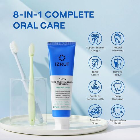 IZKUT 10% Nano Hydroxyapatite Toothpaste: Fluoride Free Natural Whitening Toothpaste for Sensitive Teeth, Enamel Support, Plaque Remover, SLS Free, Fresh Mint Flavor, Adults & Kids, 4 oz (Pack of 2) in Kuwait