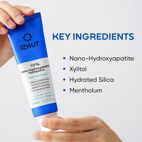 IZKUT 10% Nano Hydroxyapatite Toothpaste: Fluoride Free Natural Whitening Toothpaste for Sensitive Teeth, Enamel Support, Plaque Remover, SLS Free, Fresh Mint Flavor, Adults & Kids, 4 oz (Pack of 2) in Kuwait