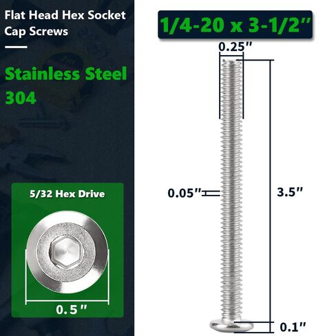 1/4-20 x 3-1/2" (20 PCS) Flat Head Socket Cap Screw, 304 Stainless Steel 18-8 Binding Screws, Full Thread, Connection Bolts, Furniture Bolts in Kuwait