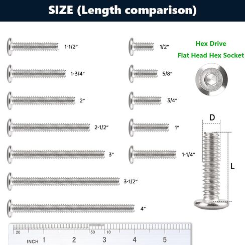 1/4-20 x 3-1/2" (20 PCS) Flat Head Socket Cap Screw, 304 Stainless Steel 18-8 Binding Screws, Full Thread, Connection Bolts, Furniture Bolts in Kuwait