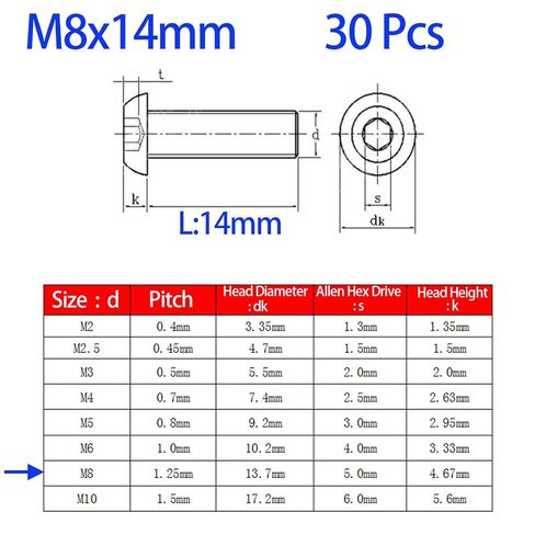 M8-1.25 × 14 مم براغي غطاء مقبس رأس الزر، الفولاذ المقاوم للصدأ 304، خيط كامل، محرك مقبس ألين، محرك براغي سداسي عالي التحمل 30 قطعة in Kuwait