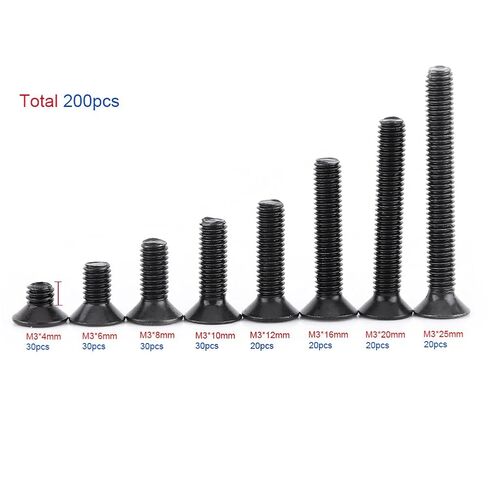 Flat Head Hex Socket Screws M3, 200Pcs 10.9 Grade Alloy Steel Countersunk Machine Fasteners, Black DIY Home Office Appliance Repair Kit in Kuwait