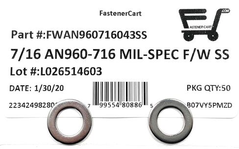 7/16" AN960-716 Mil-Spec Flat Washers Stainless Steel AN960-716 (7/16 ID x 3/4 OD x.062 THK) 50 Pieces in Kuwait