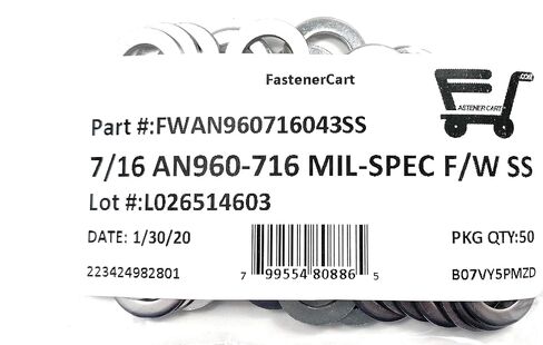 7/16" AN960-716 Mil-Spec Flat Washers Stainless Steel AN960-716 (7/16 ID x 3/4 OD x.062 THK) 50 Pieces in Kuwait